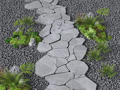 Natural Stone Path With Irregular Slabs Surrounded By Green Plants And Gravel 3d model