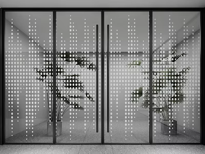 Modern Double Glass Doors With White Dot Patterns And Green Plants Behind In Interior Space 3d model