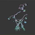 Artistic Decorative Plant with Purple Blue Flowers Green Stems Claw Like Roots and Multiple Branches