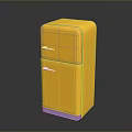 Retro Yellow Double Door Refrigerator With Turquoise Base On Dark Surface