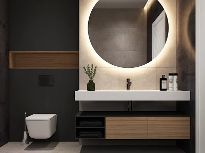 Modern Bathroom With Round Backlit Mirror And Sink 3d model