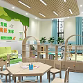School Classroom Interior With Wooden Tables Chairs Green Plants And Wall Decorations