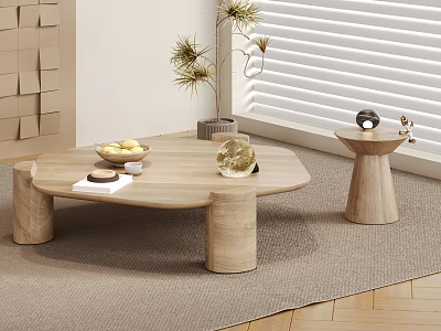 Wooden Coffee Table with Fresh Fruits and Potted Plant in Modern Living Room 3d model