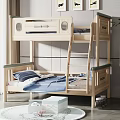 Modern Light Wood Bunk Bed with Ladder Green Trim and Blue Lower Bedding