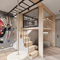 Kids Room Interior Design With Wooden Bunk Bed Stairs Swing And Rock Climbing Wall