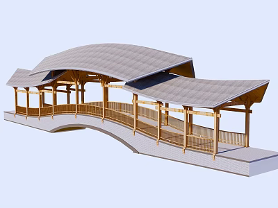 Wooden Landscape Bridge With Open Curved Design Roofed Structure And Railings 3d model