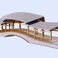 Wooden Landscape Bridge With Open Curved Design Roofed Structure And Railings