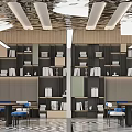 Book Art Themed Interior With Bookshelves Blue Chairs And Artistic Ceiling