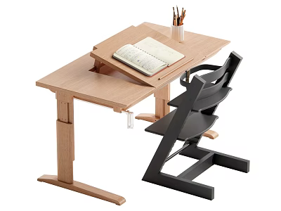 Functional Wooden Desk With Open Notebook Pen Holder And Black Chair 3d model