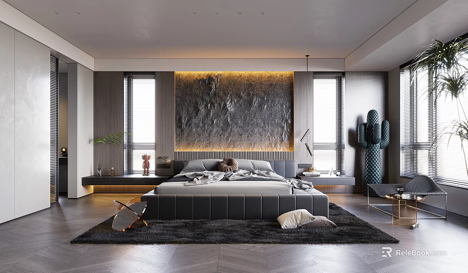 Modern Bedroom Interior Design With Headboard Wall Built in Lighting Large Bed Gray Rug Windows 3d model 