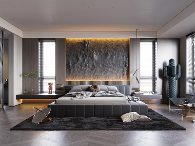 Modern Bedroom Interior Design With Headboard Wall Built in Lighting Large Bed Gray Rug Windows 3d model