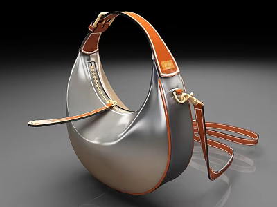 Stylish Silver And Brown Leather Handbag With Curved Design Metallic Finish And Adjustable Shoulder Strap 3d model