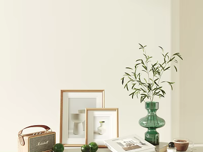 Ornamental Decor Collection With Framed Prints Green Vase Vintage Radio Green Plant And Open Book 3d model