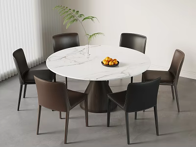 Stylish Round White Marble Dining Table With Black Brown Chairs Fruit Bowl And Green Plant 3d model