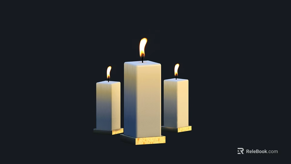 Three Lit White Candle Lamps With Gold Base Against Black Background 3d model 