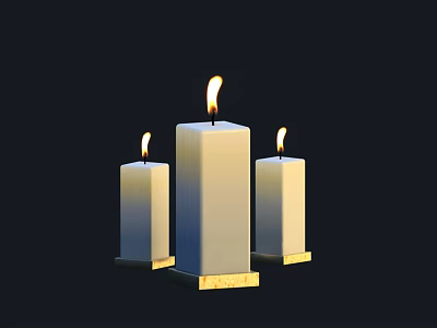 Three Lit White Candle Lamps With Gold Base Against Black Background 3d model