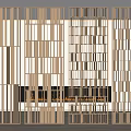Modern Wooden Room Divider With Slatted Geometric Design And Fireplace Accent