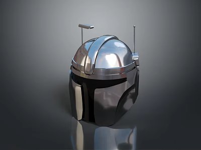 Futuristic Silver Metallic Weapon Helmet Design with Antennae Black Visor and Reflective Surface 3d model