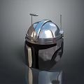 Futuristic Silver Metallic Weapon Helmet Design with Antennae Black Visor and Reflective Surface