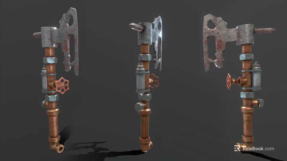 Rusted Metal Pipe Fixtures With Valves Bolts And Industrial Design 3d model 