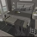 Modern Double Bed Interior With Bedside Tables Lamps Pillows Bench And Window Curtains 3d model