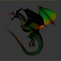 Mythical Dragon With Green Red Wings Open Mouth Horns And Long Tail Gray Background
