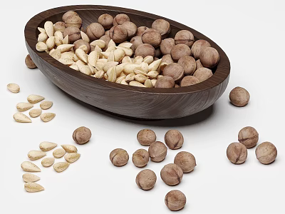 Assorted Nuts In Wooden Bowl And Scattered Around 3d model