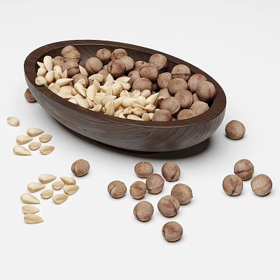 Assorted Nuts In Wooden Bowl And Scattered Around 3d model