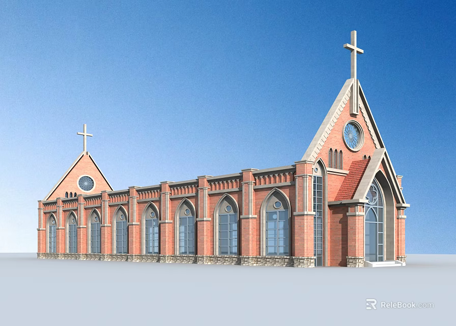 European Architecture Church With Red Brick Steeple Cross Arched Windows And Stone Base 3d model 