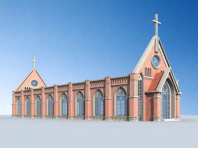 European Architecture Church With Red Brick Steeple Cross Arched Windows And Stone Base 3d model