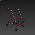 Sturdy Medical Walker with Red Handles Metal Frame Four Wheels and Storage Basket