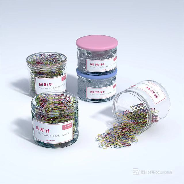 Colored Paper Clips in Transparent Jars with Scattered Office Supplies Storage 3d model 