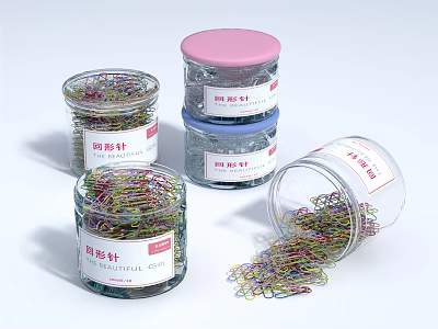 Colored Paper Clips in Transparent Jars with Scattered Office Supplies Storage 3d model