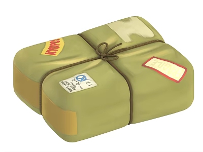 Green Package Tied With Brown Rope And Adorned With Multiple Sticky Labels 3d model