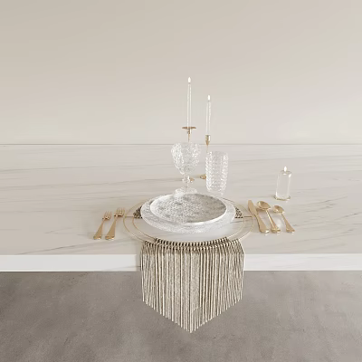 Elegant Kitchenware Display With Tableware Glassware Candleholder And Tasseled Decorative Plate On White Marble Countertop 3d model
