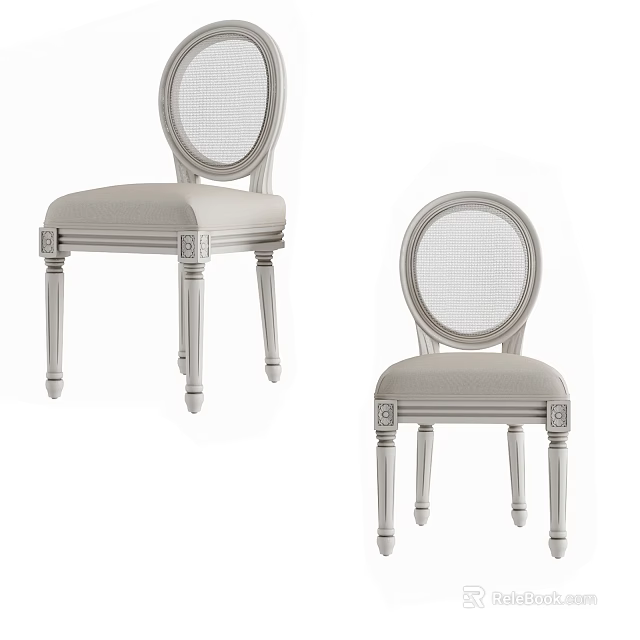Traditional Style Dining Chairs With Rattan Backrest And Light Upholstered Seat Featuring Carved Legs 3d model 