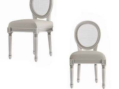 Traditional Style Dining Chairs With Rattan Backrest And Light Upholstered Seat Featuring Carved Legs 3d model