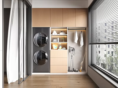 Modern Balcony Cabinet Design with Washing Machine Dryer Hanging Clothes Storage in Contemporary Balcony Space 3d model