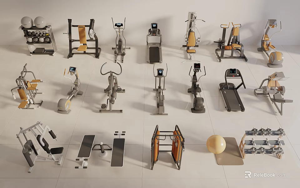 Diverse Sports Equipment Display Featuring Treadmills Dumbbells Weight Benches And Exercise Bikes 3d model 