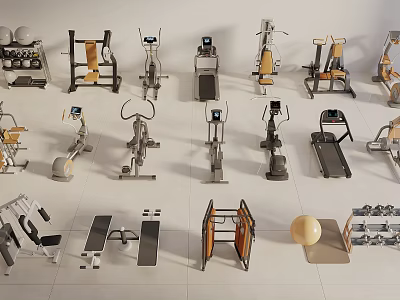 Diverse Sports Equipment Display Featuring Treadmills Dumbbells Weight Benches And Exercise Bikes 3d model