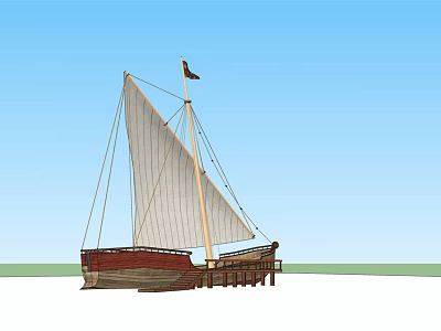 Traditional Wooden Sailboat with White Canvas Sail Flag and Docked at Pier Under Blue Sky 3d model