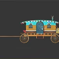 Traditional Decorative Carriage Featuring Colorful Roof Tassels Yellow Body Blue Door And Wooden Spoked Wheels