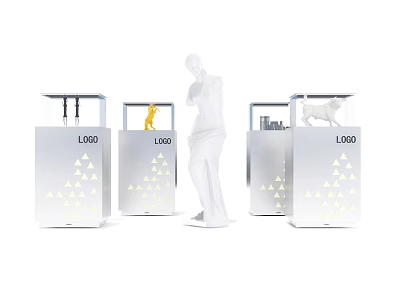 Modern Display Shelves with Logo White Mannequin and Yellow White Animal Models 3d model