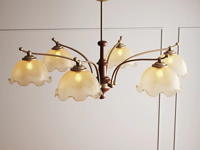 Vintage Glass Chandelier with Scalloped White Shades and Brown Metal Frame Hanging in Light Room 3d model