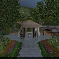 Scenic Garden Pavilion With Lush Trees Colorful Flowers And Pathway Near Water