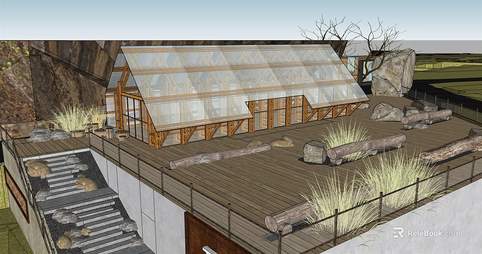 Modern Guesthouse Building With Glass Roof Wooden Structure Deck Stones And Natural Grass 3d model 