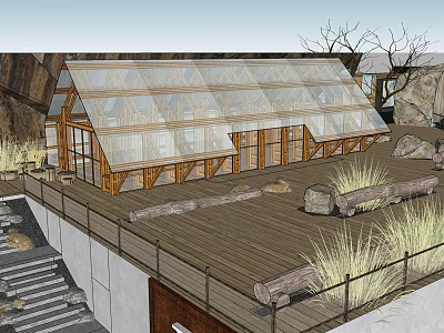 Modern Guesthouse Building With Glass Roof Wooden Structure Deck Stones And Natural Grass 3d model