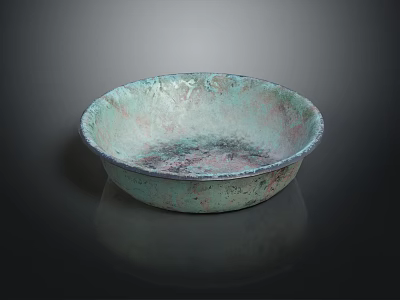 Round Copper Bowl With Green Patina And Textured Surface On Black Background With Reflection 3d model