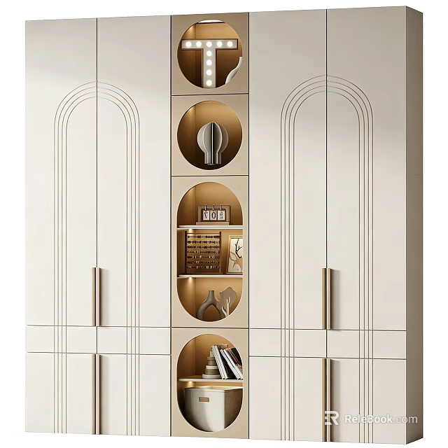 Modern Light Luxury Cream White Decorative Cabinet With Arched Details And Built In Display Shelves 3d model 