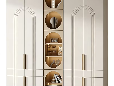 Modern Light Luxury Cream White Decorative Cabinet With Arched Details And Built In Display Shelves 3d model